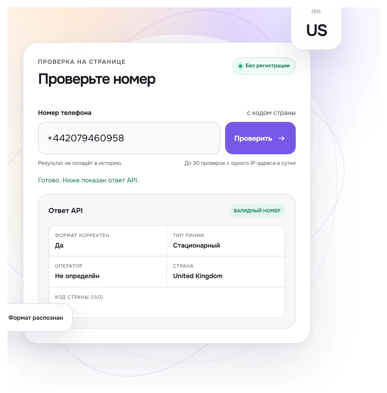 Проверка номера телефона по API на сайте Number Intelligence: ответ с полями формат, тип линии, оператор, страна и код страны