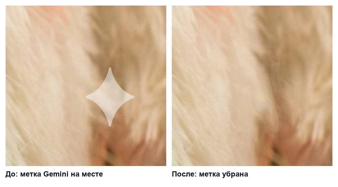 Звёздочка Gemini на фото до удаления и результат после инпейнта MI-GAN