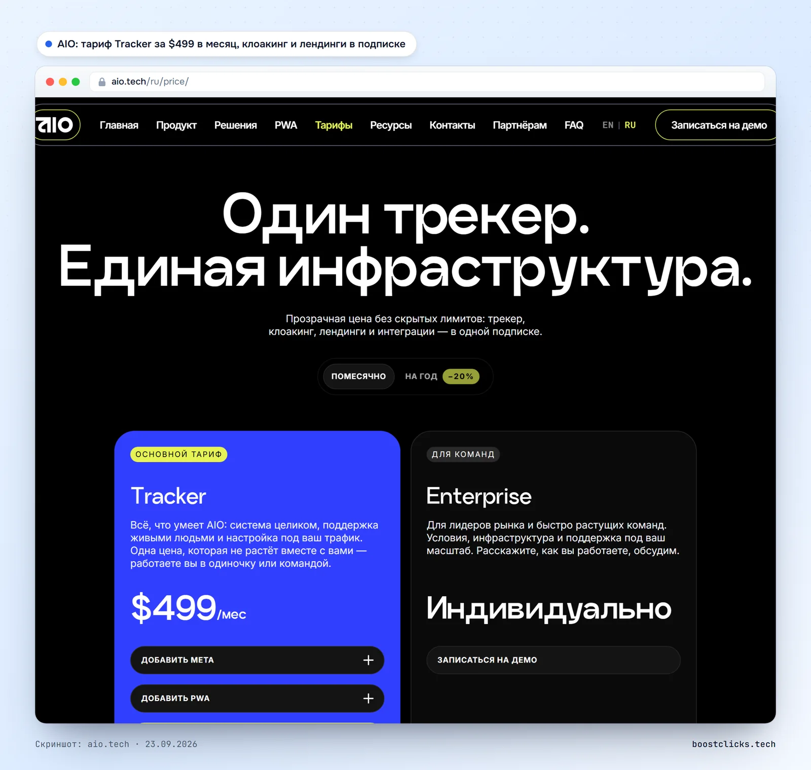 Страница тарифов AIO: тариф Tracker за 499 долларов в месяц, клоакинг, лендинги и интеграции в одной подписке