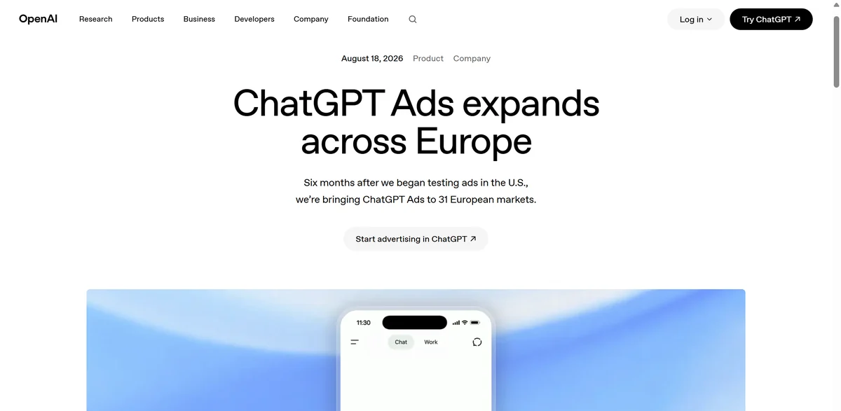Анонс OpenAI от 18 августа 2026: реклама в ChatGPT выходит на 31 европейский рынок