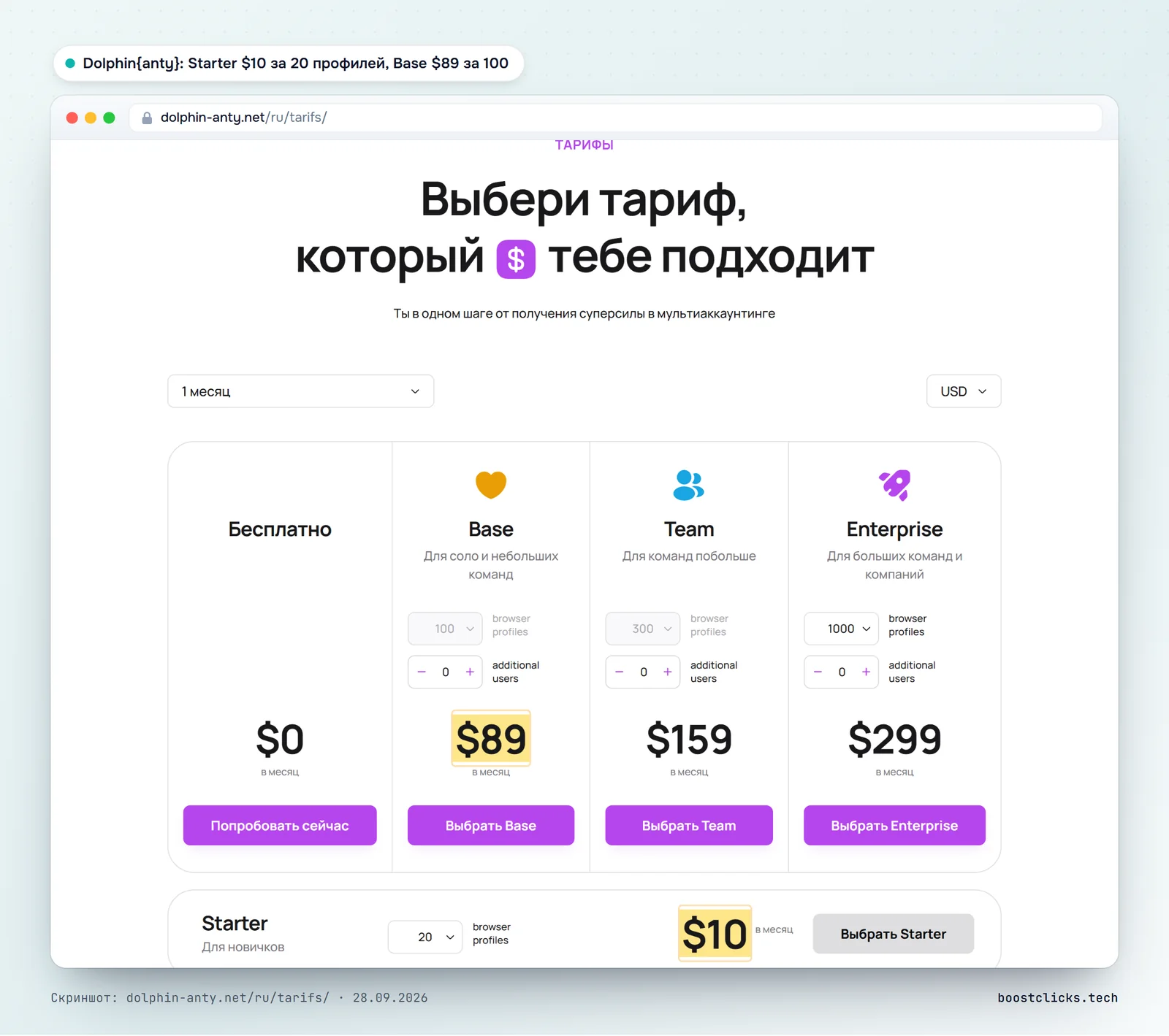 Страница тарифов Dolphin anty: бесплатно, Starter 10 долларов за 20 профилей, Base 89 долларов за 100, Team 159, Enterprise 299