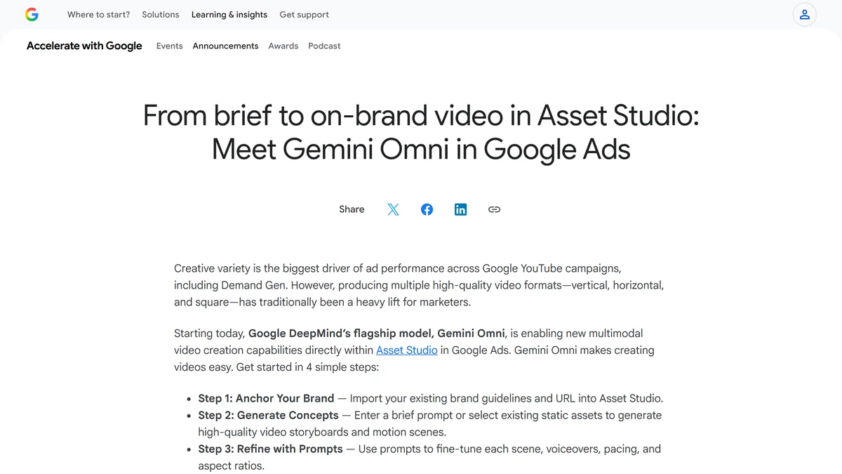 Анонс Google: Gemini Omni в Asset Studio делает рекламные видео из брифа в четыре шага