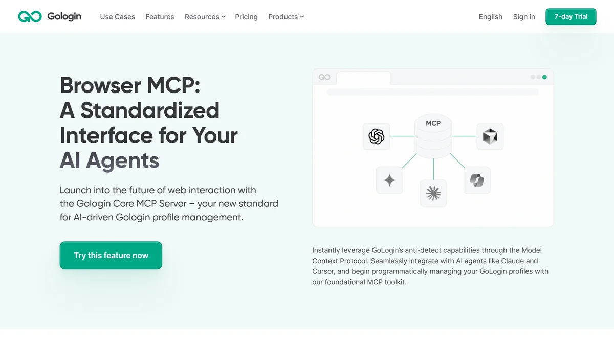Страница GoLogin Browser MCP: стандартный интерфейс для ИИ-агентов Claude, ChatGPT, Gemini и Copilot
