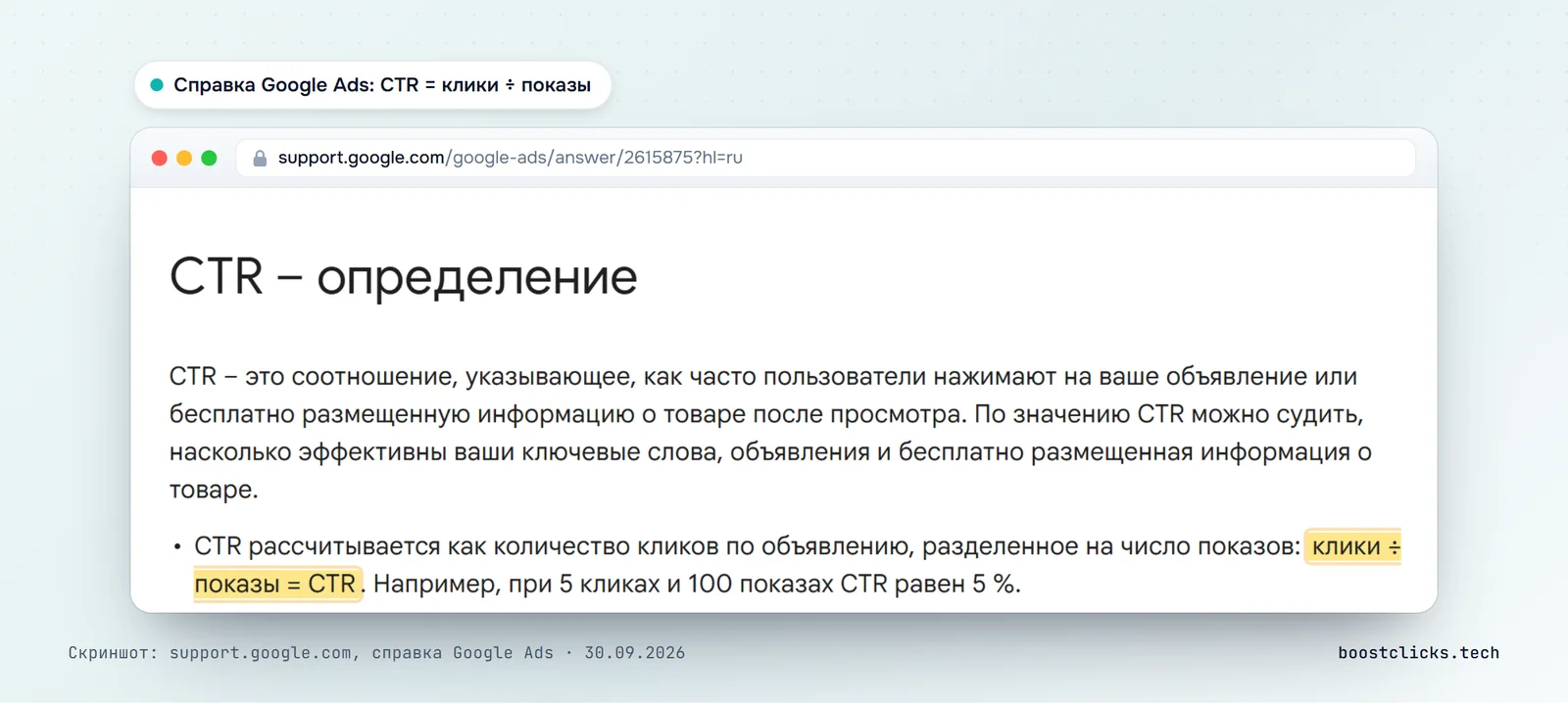 Справка Google Ads: CTR рассчитывается как клики, разделённые на показы