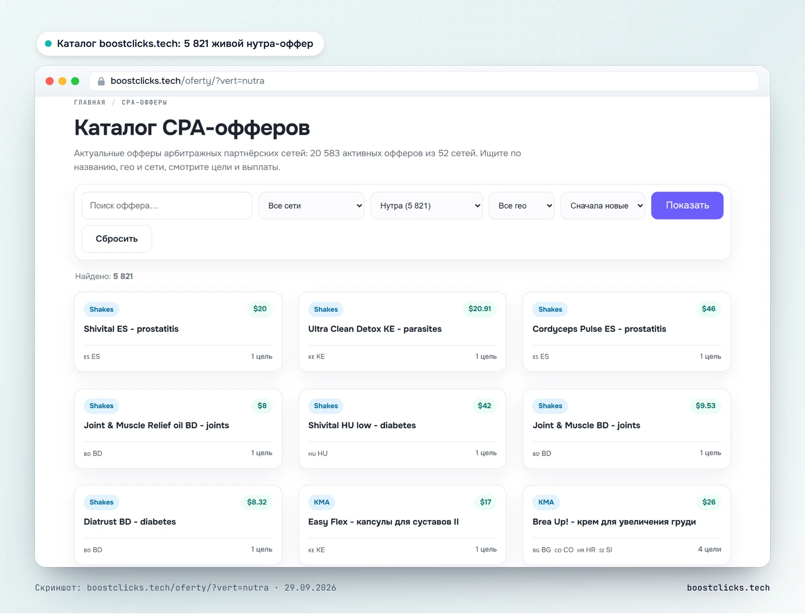 Каталог CPA-офферов boostclicks.tech с фильтром по нутре: 5 821 живой оффер, сеть, ГЕО и выплата