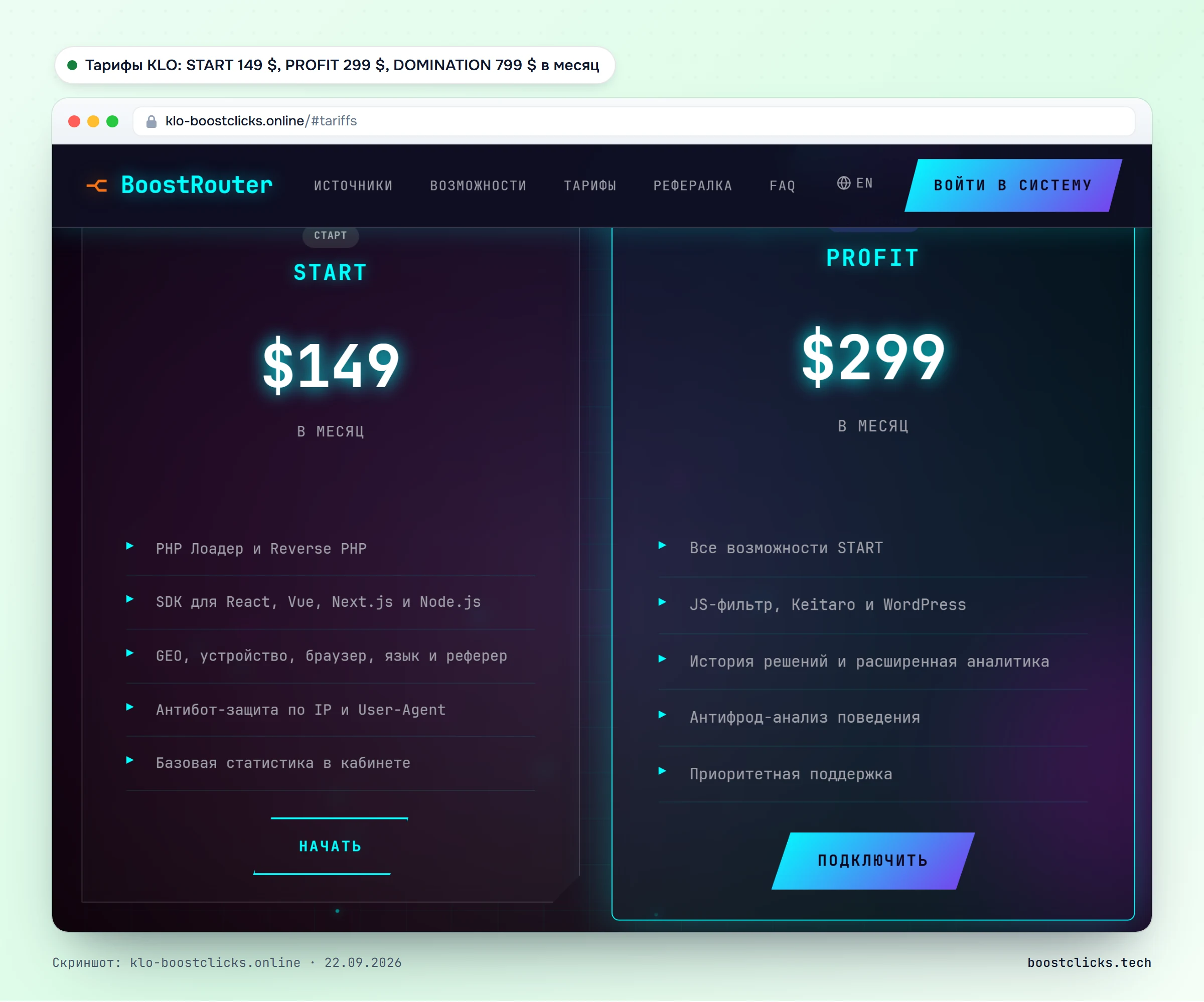 Тарифы KLO: START 149 $, PROFIT 299 $ и DOMINATION 799 $ в месяц, пробный период 3 дня