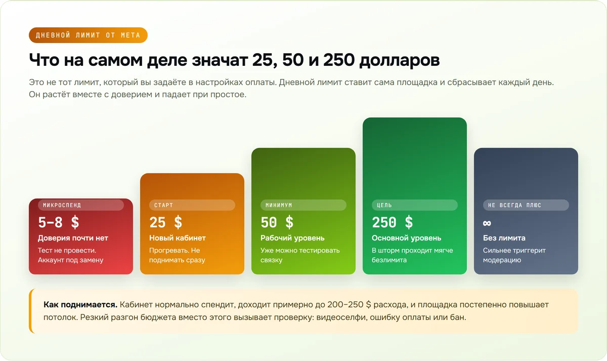 Шкала дневных лимитов рекламного аккаунта Facebook: микроспенд, 25, 50, 250 долларов и без лимита