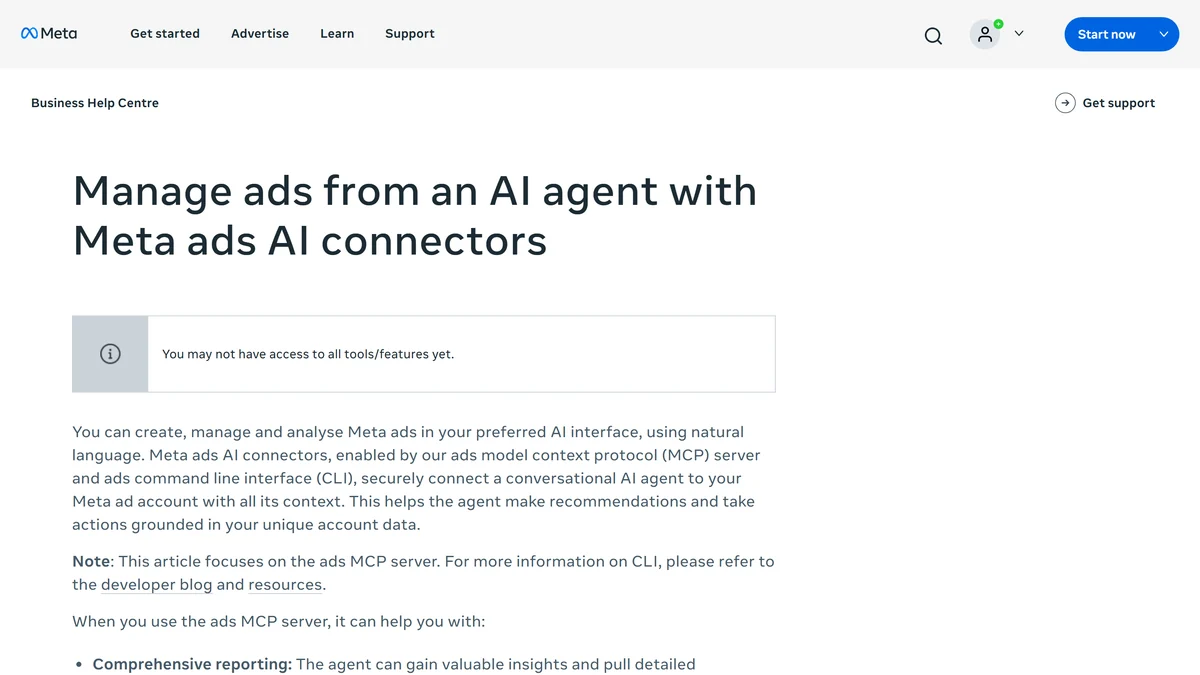 Справочная страница Meta: управление рекламой из ИИ-агента через ads MCP server и Meta ads AI connectors