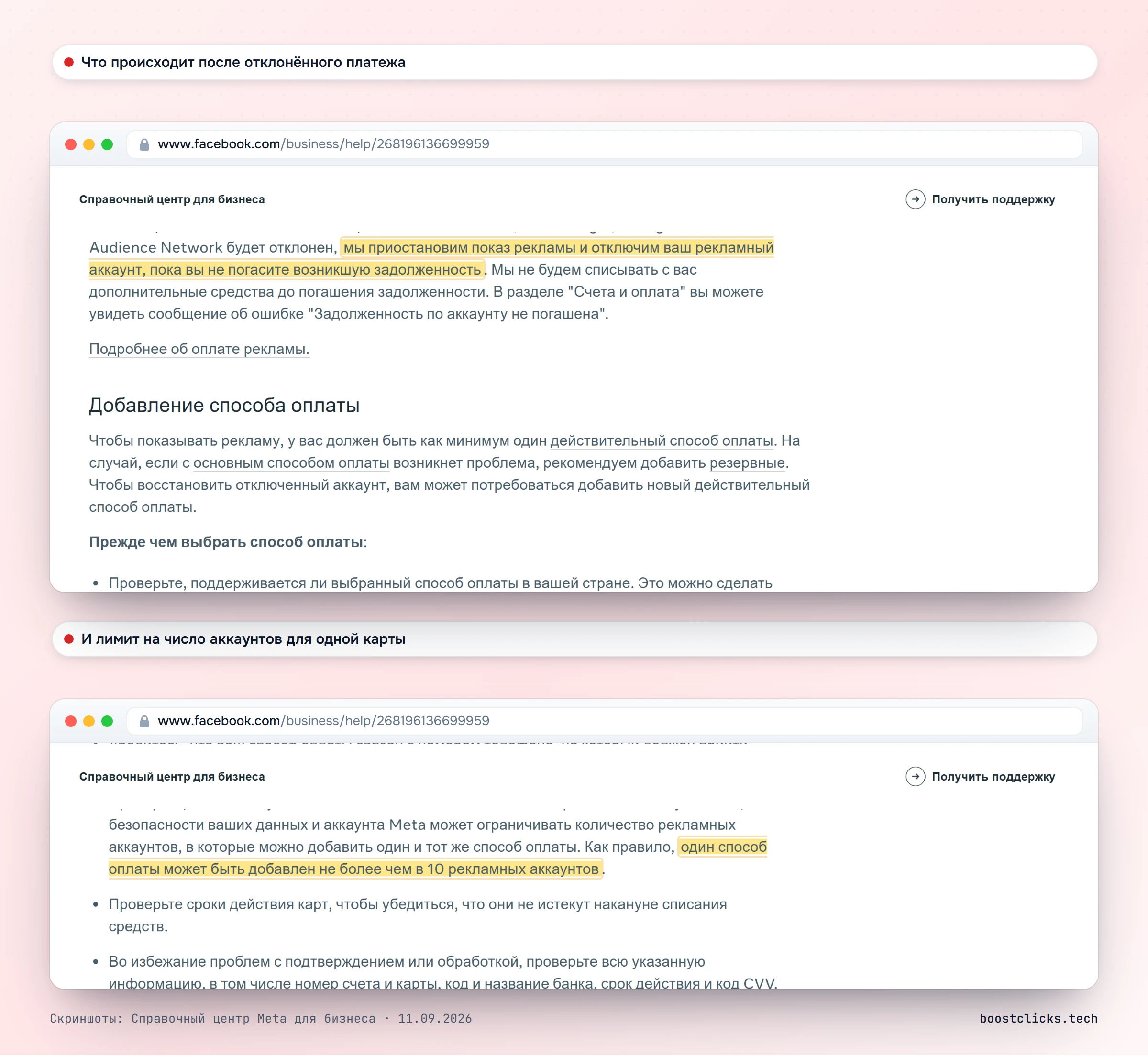 Справка Meta: при отклонённом платеже показ приостанавливается, а аккаунт отключается до погашения долга; одна карта не более чем на 10 аккаунтов