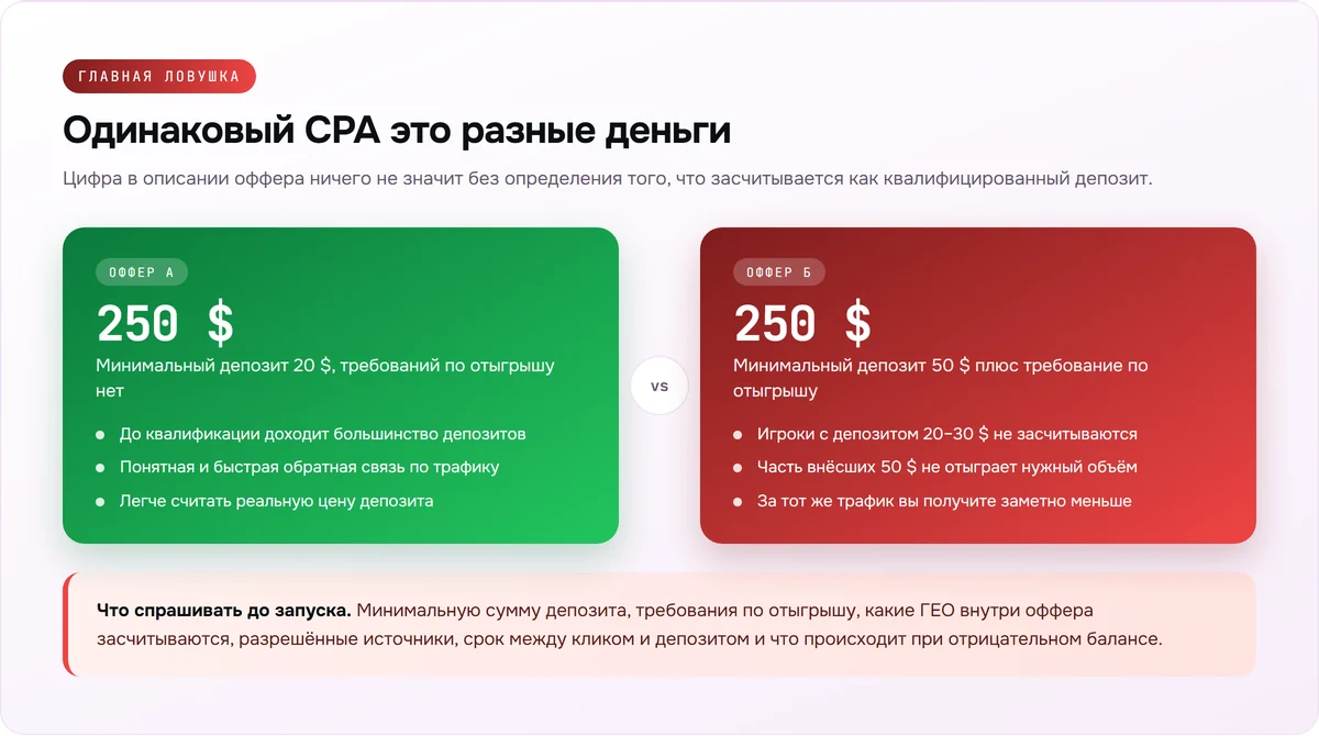 Два оффера с одинаковой ставкой 250 долларов и разными условиями квалификации депозита