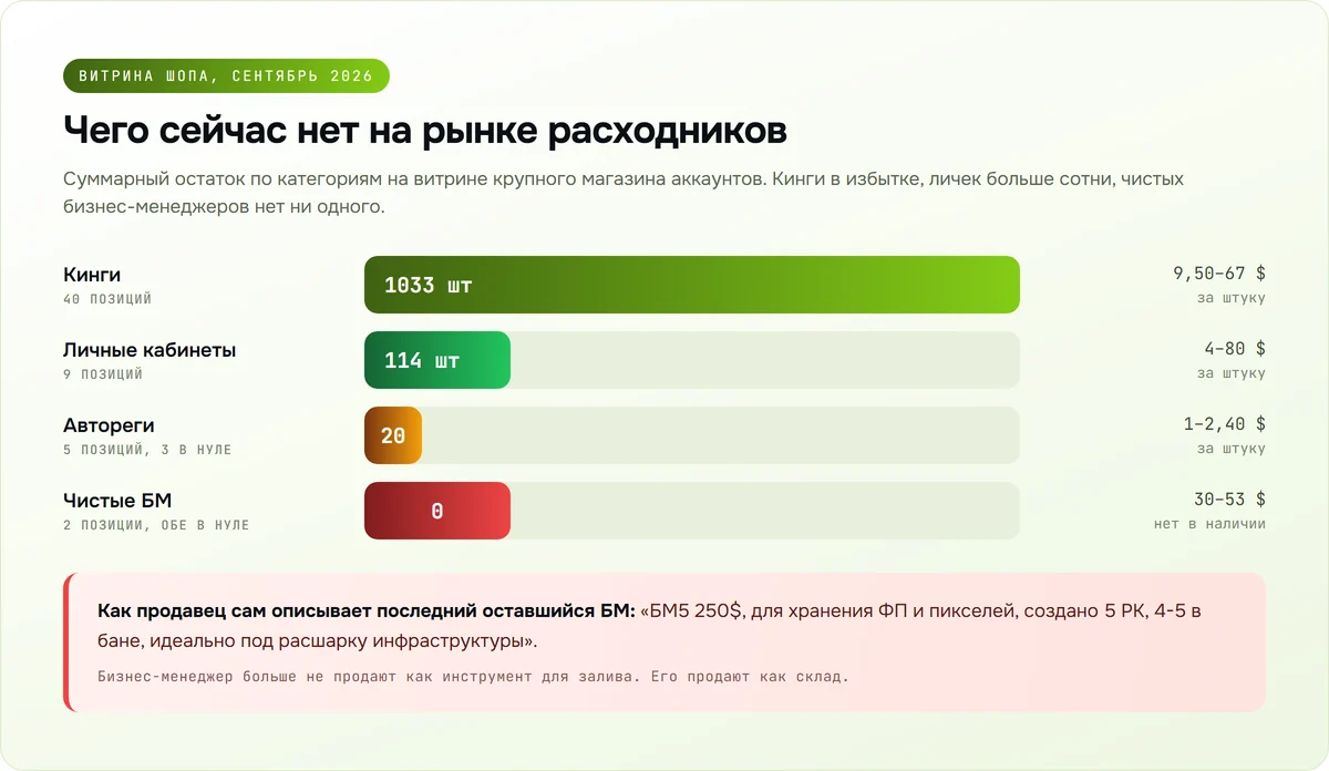 Суммарные остатки магазина аккаунтов: кинги 1033 штуки, личные кабинеты 114, чистых бизнес-менеджеров ноль