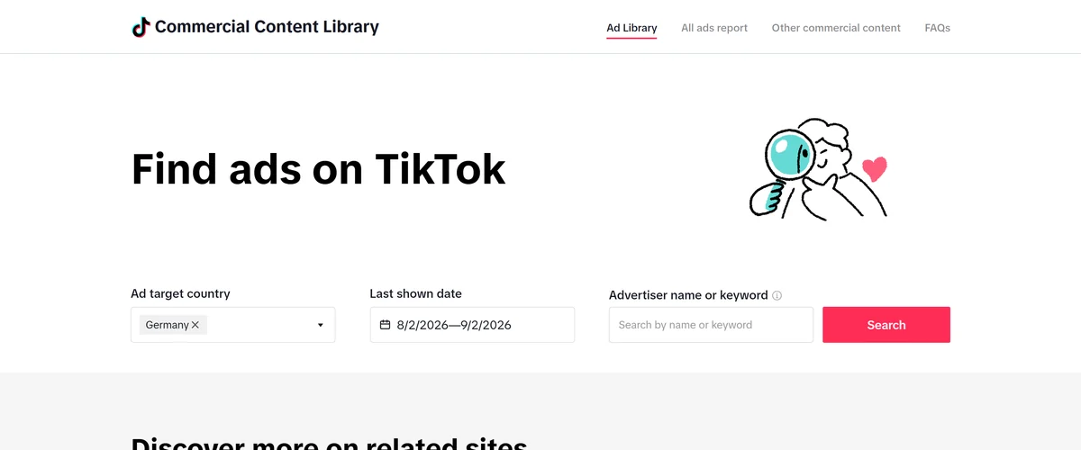 Форма поиска в TikTok Commercial Content Library: страна, даты и рекламодатель