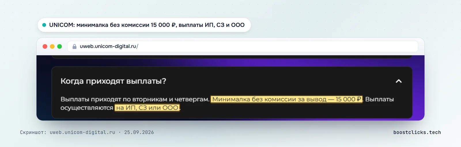 FAQ UNICOM: выплаты по вторникам и четвергам, минималка без комиссии 15 000 рублей, выплаты только на ИП, самозанятых и ООО