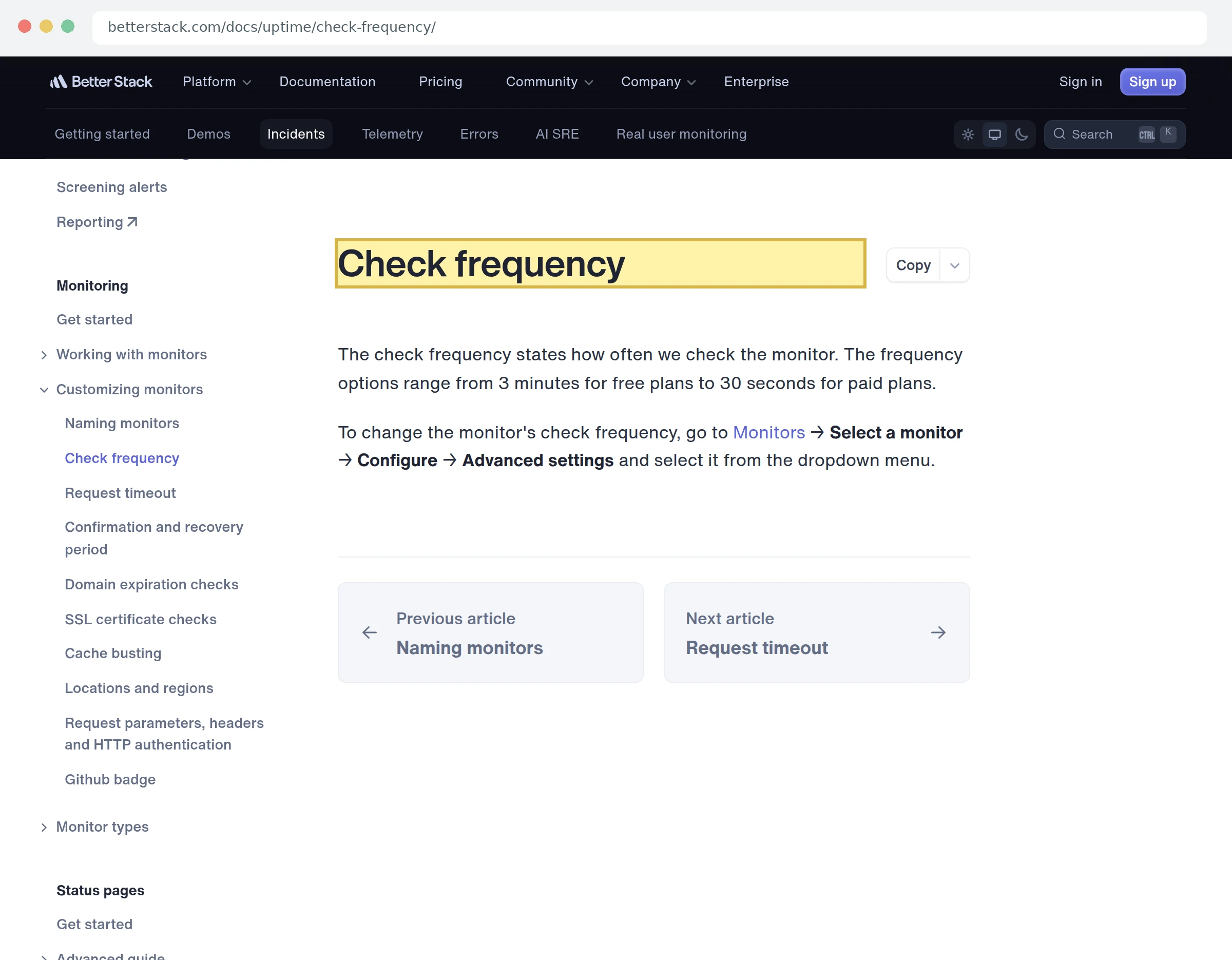 Скриншот Better Stack с частотой проверок бесплатного и платного плана
