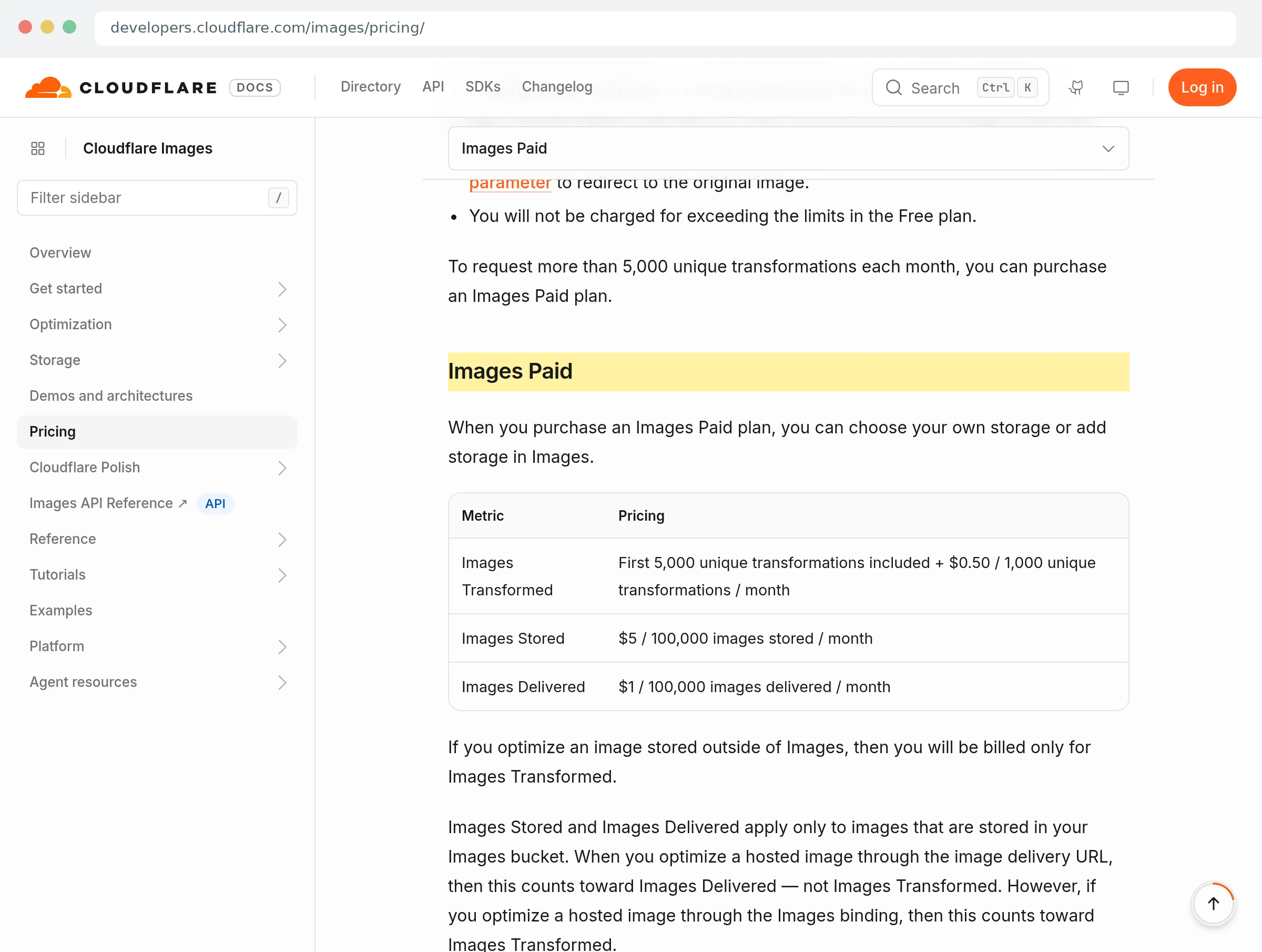 Скриншот Cloudflare Images с ценами преобразований, хранения и доставки