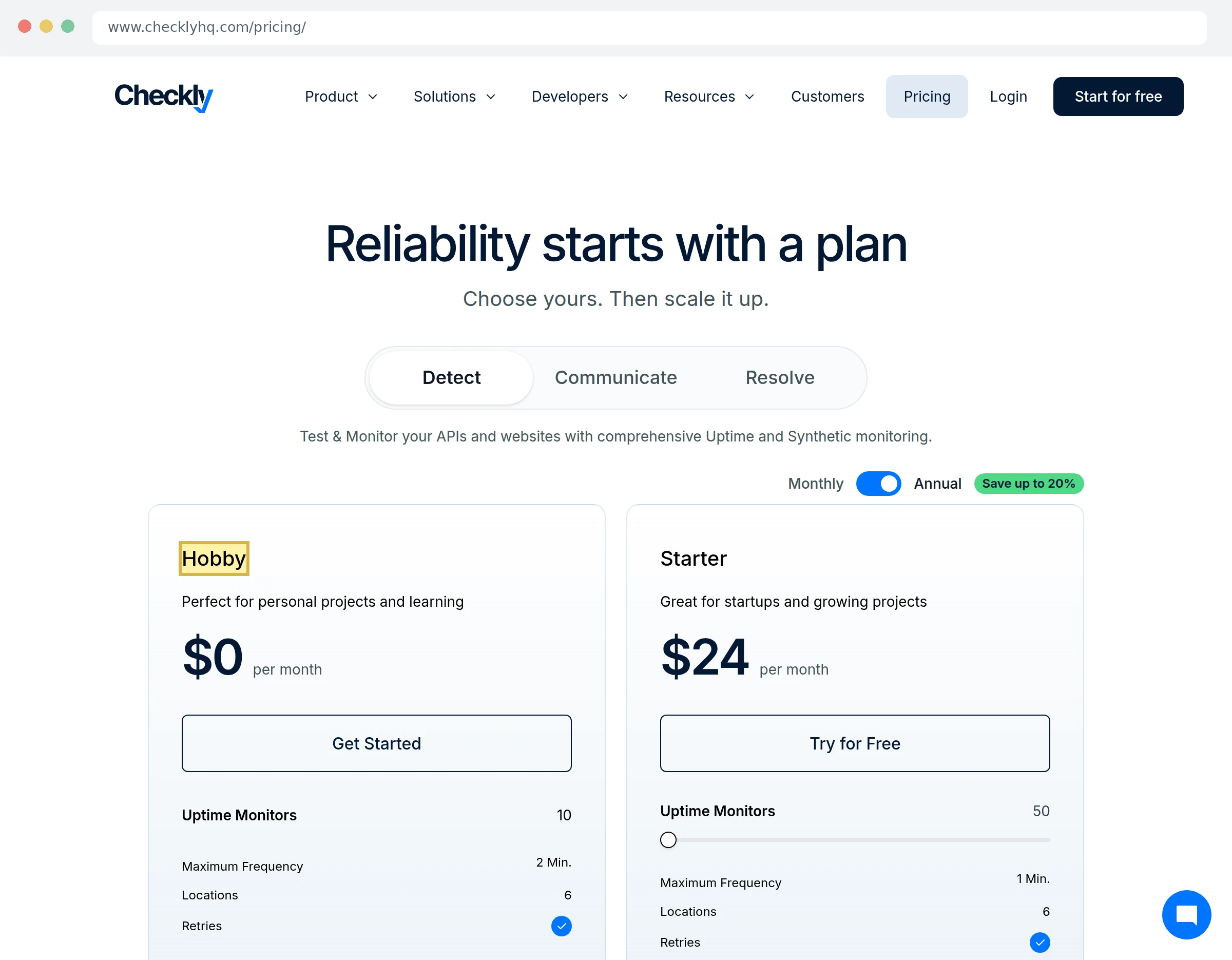 Скриншот Checkly с отдельными лимитами uptime и браузерных проверок