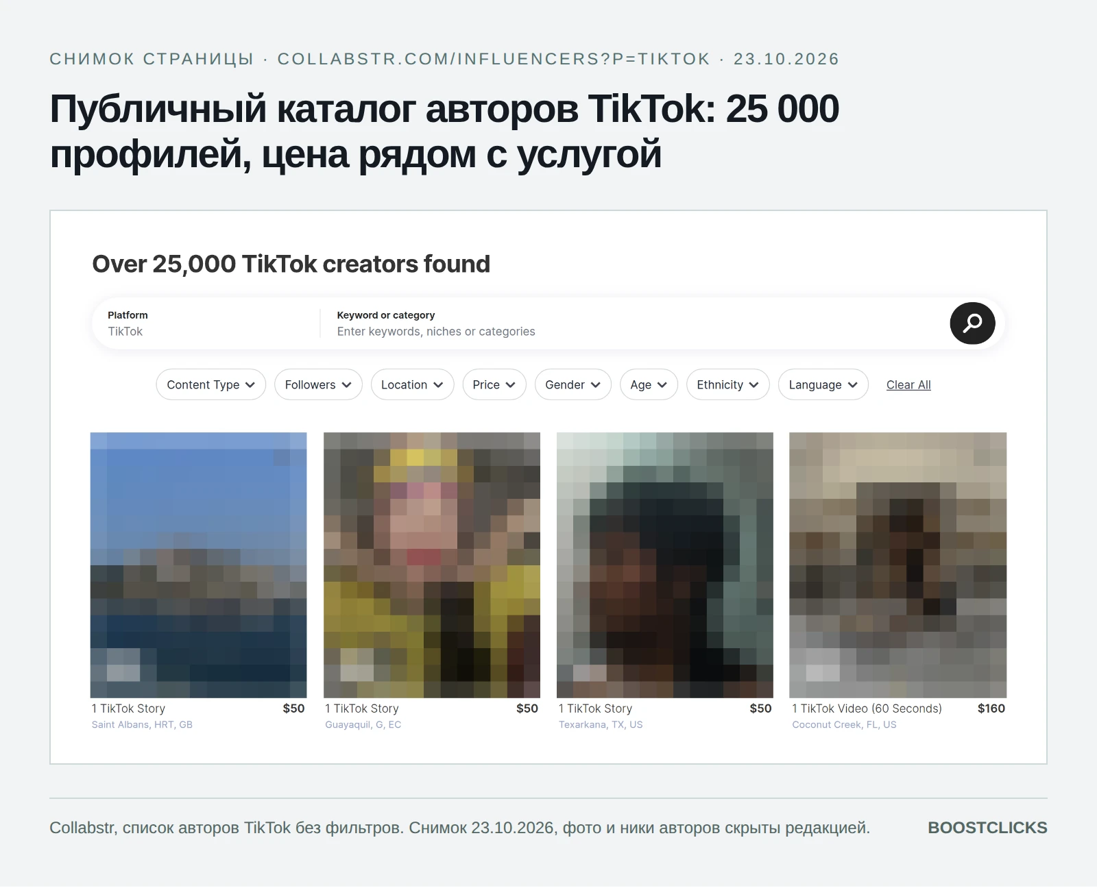 Публичный список авторов TikTok на Collabstr: 25 000 профилей, у каждого услуга и цена, фото и ники скрыты