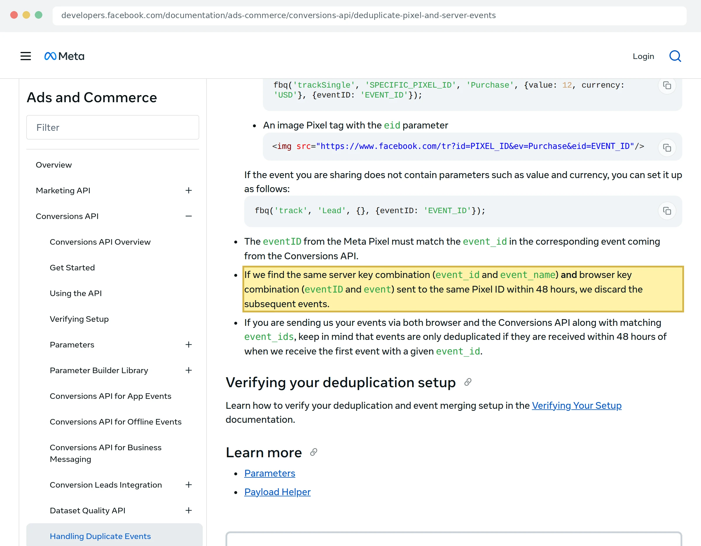 Скриншот документации Meta о дедупликации событий пикселя и Conversions API по event_id в течение 48 часов