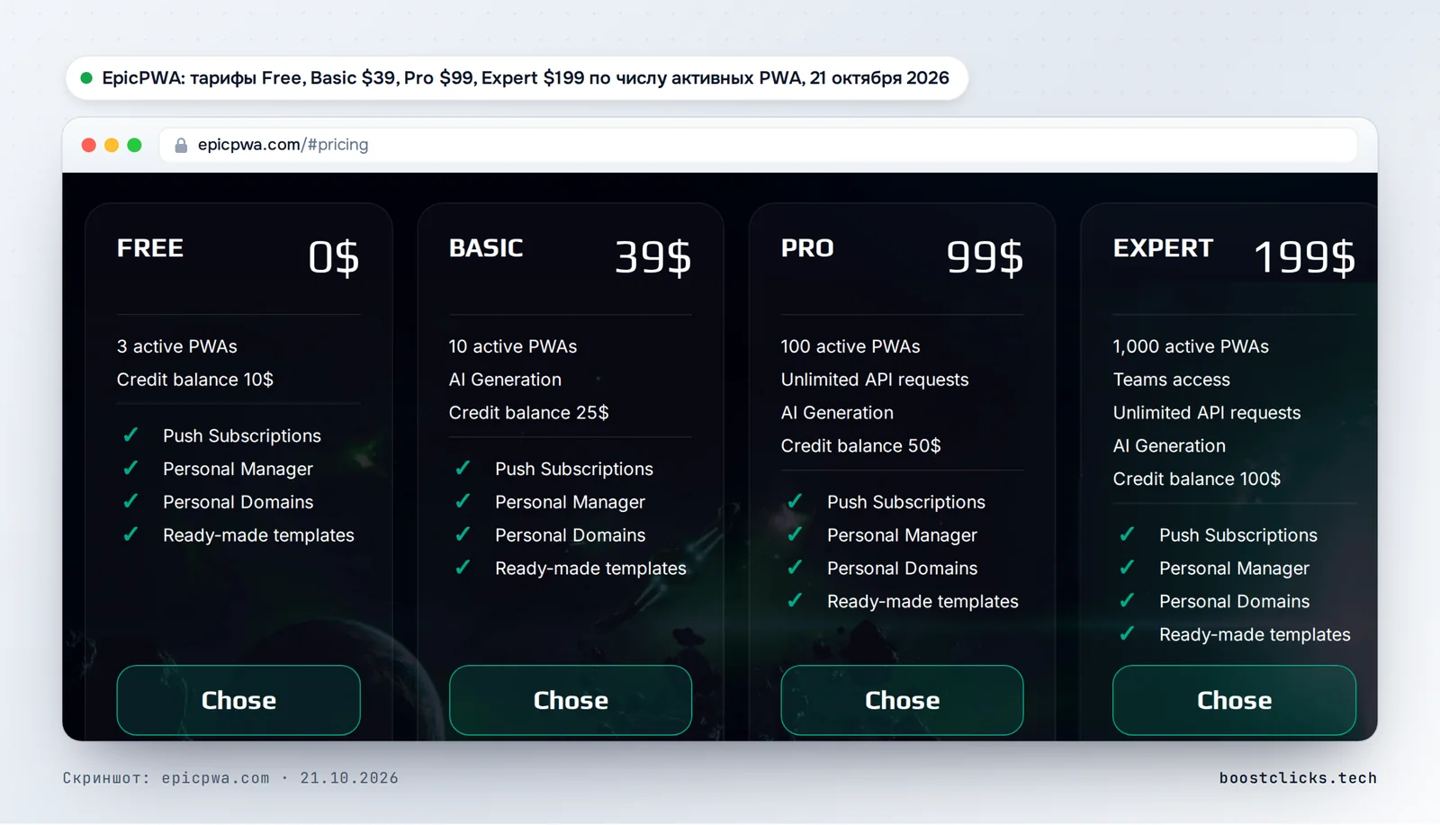 Скриншот тарифов epicpwa.com: Free $0 на 3 активных PWA, Basic $39 на 10, Pro $99 на 100, Expert $199 на 1 000, кредитный баланс от $10 до $100