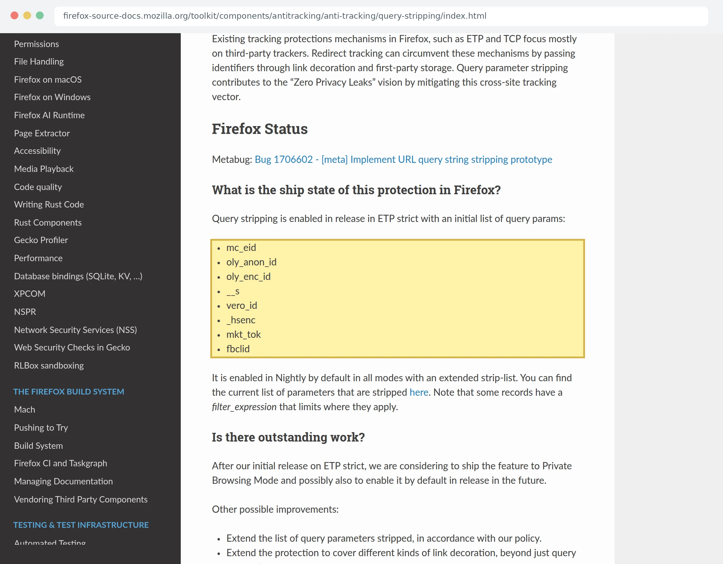 Скриншот документации Firefox: список параметров, которые вырезаются из адреса в режиме ETP Strict, включая fbclid