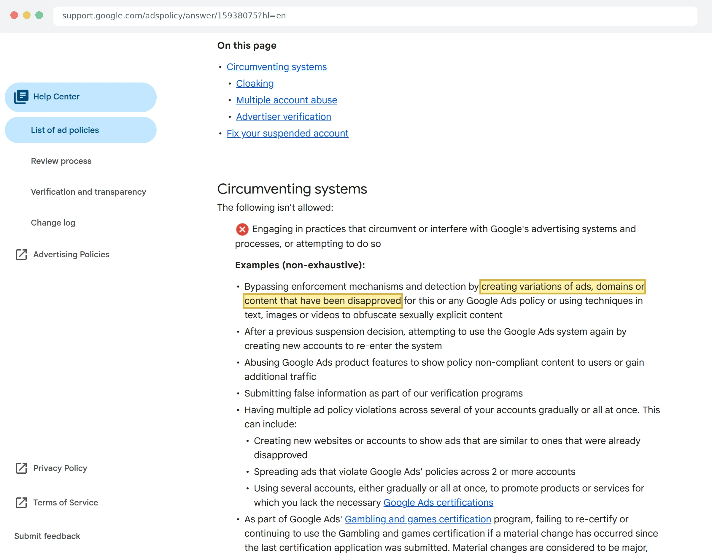 Скриншот правил Google Ads об обходе системы через вариации отклонённых объявлений и блокировке без предупреждения