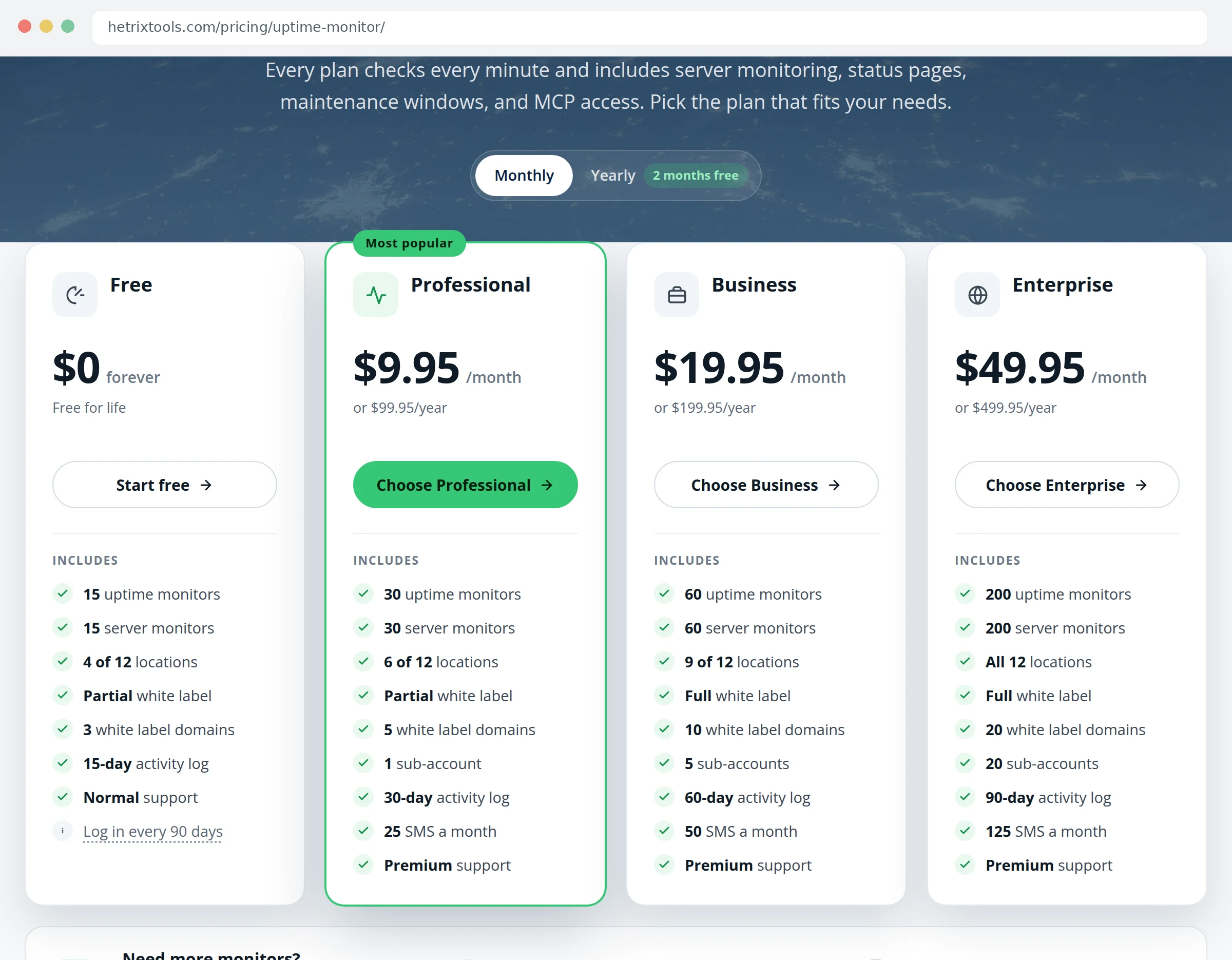 Скриншот прайса HetrixTools с бесплатными пятнадцатью мониторами
