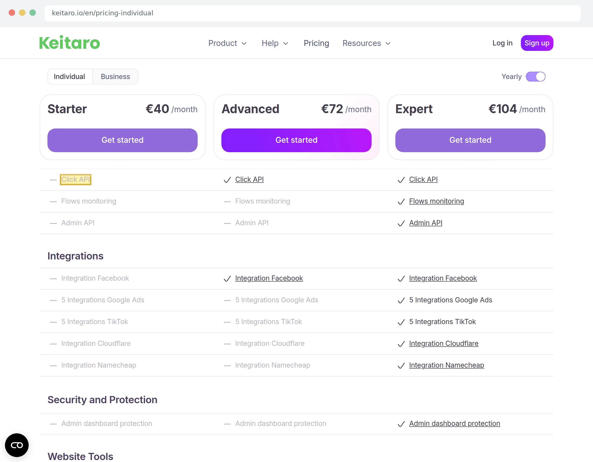Скриншот страницы тарифов Keitaro с планами Starter, Advanced и Expert