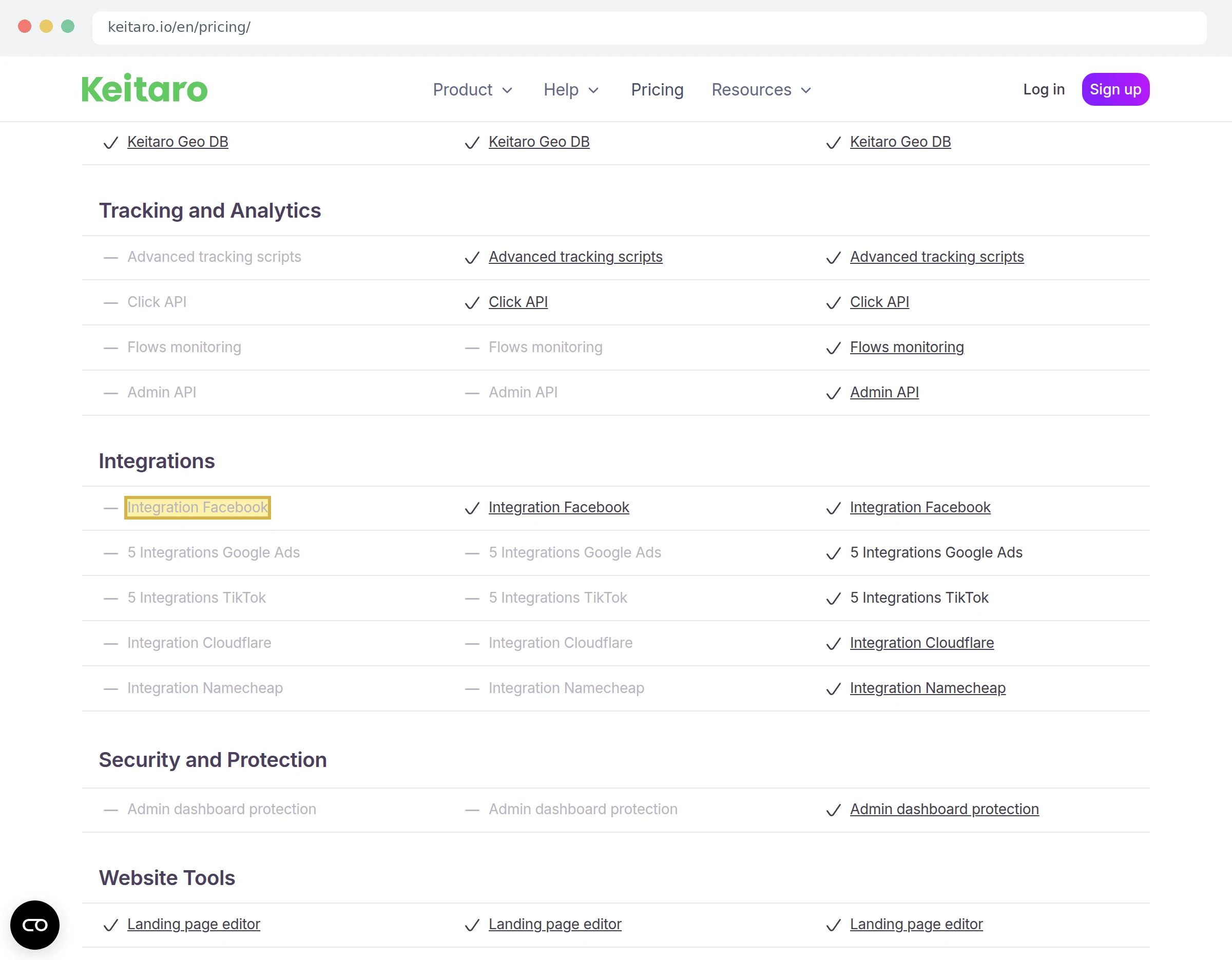 Скриншот сетки тарифов Keitaro: Click API и интеграция Facebook недоступны в Starter, включены в Advanced и Expert