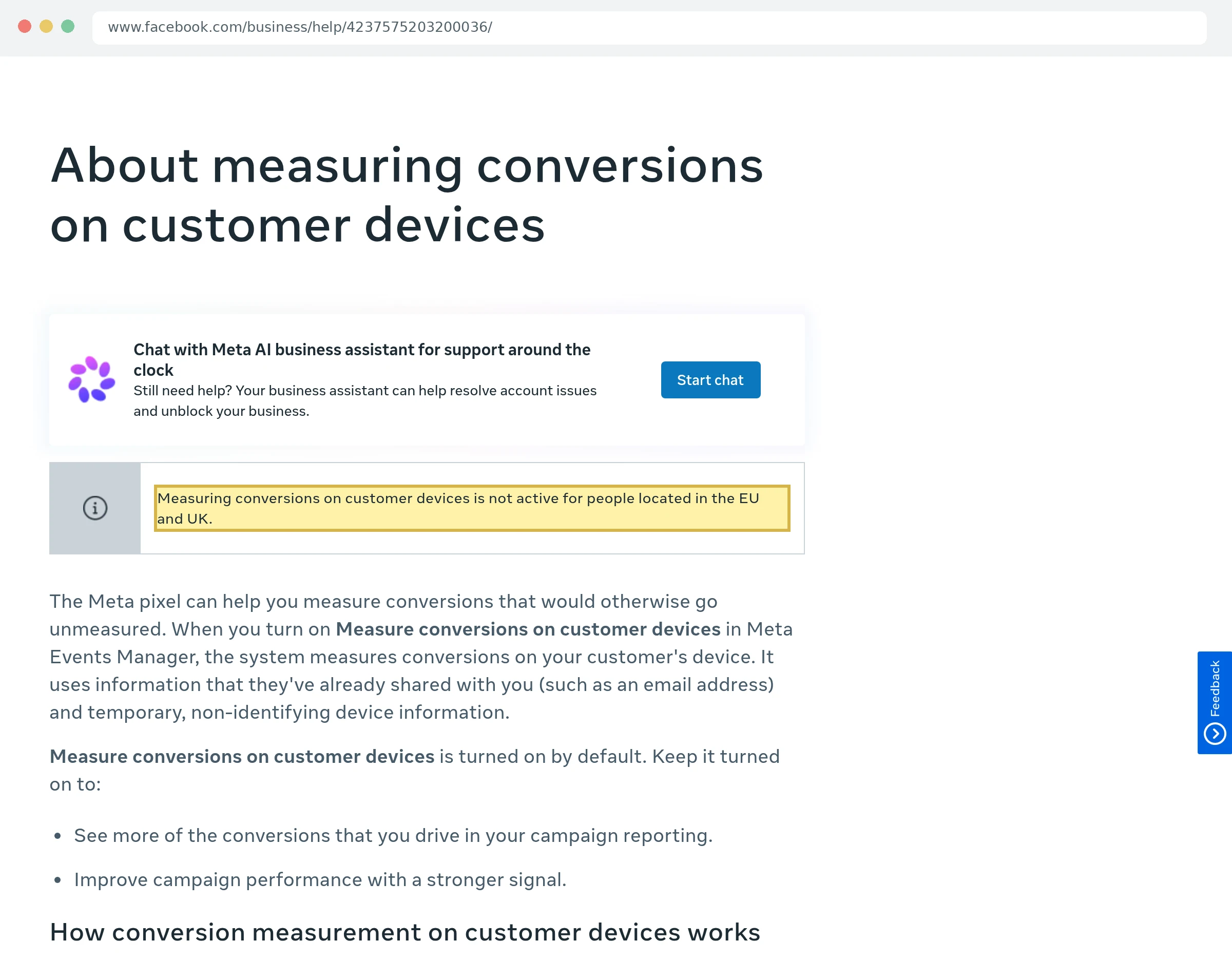 Скриншот справки Meta о измерении конверсий на устройствах клиентов с пометкой, что функция не работает для людей в ЕС и Великобритании