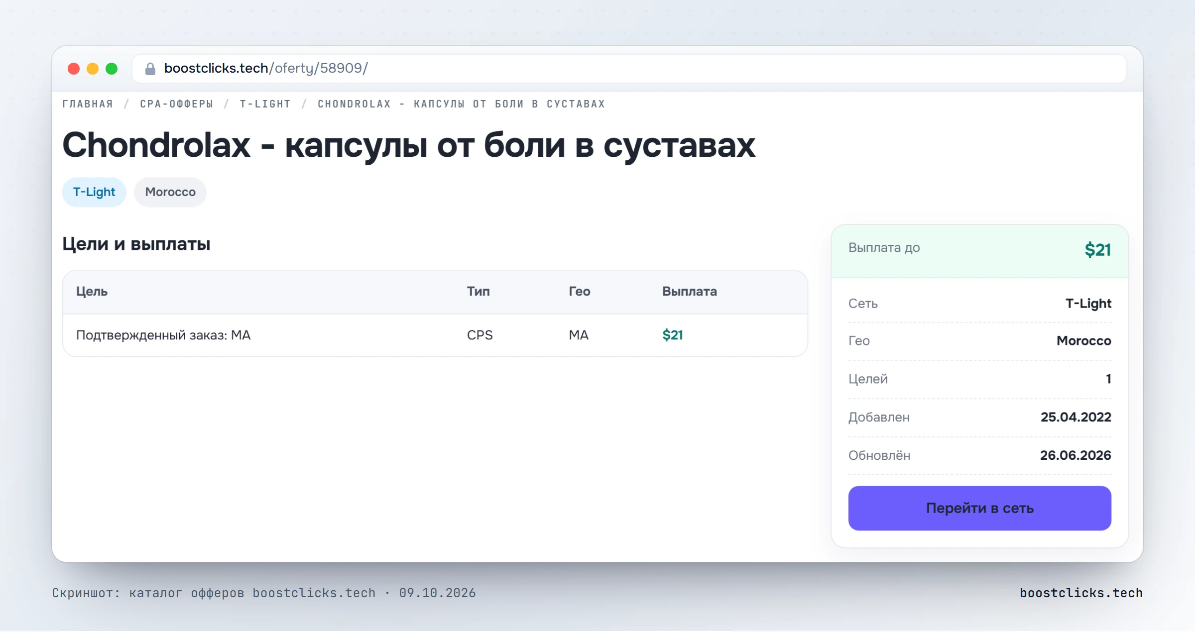 Карточка оффера в каталоге boostclicks: цель подтверждённый заказ, тип CPS, выплата 21 доллар