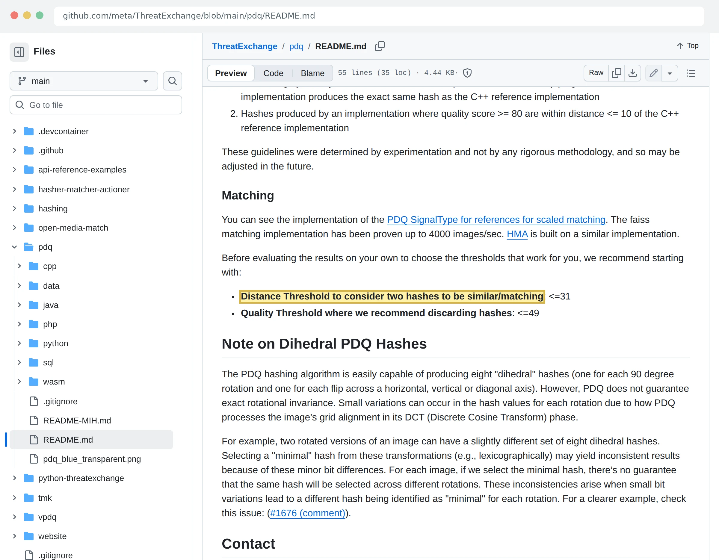 Скриншот README PDQ на GitHub с порогом расстояния 31 для похожих хешей и порогом качества 49