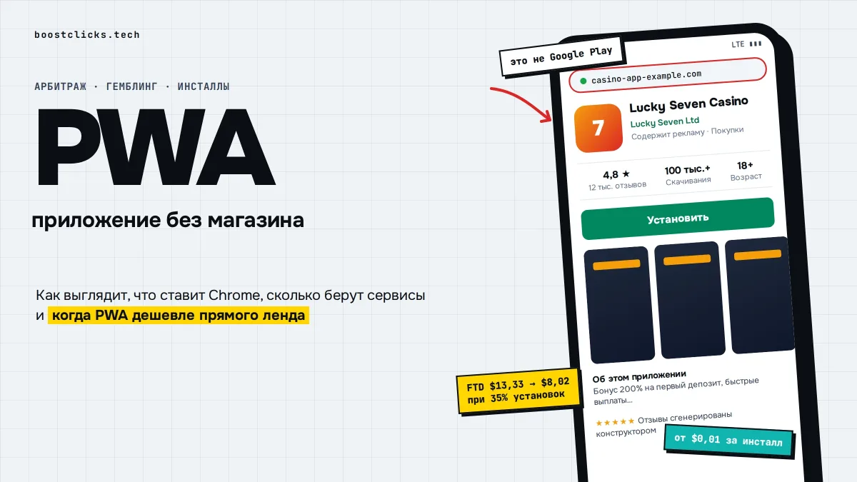 PWA-приложение в арбитраже: 8 сервисов, цена установки и расчёт против ленда