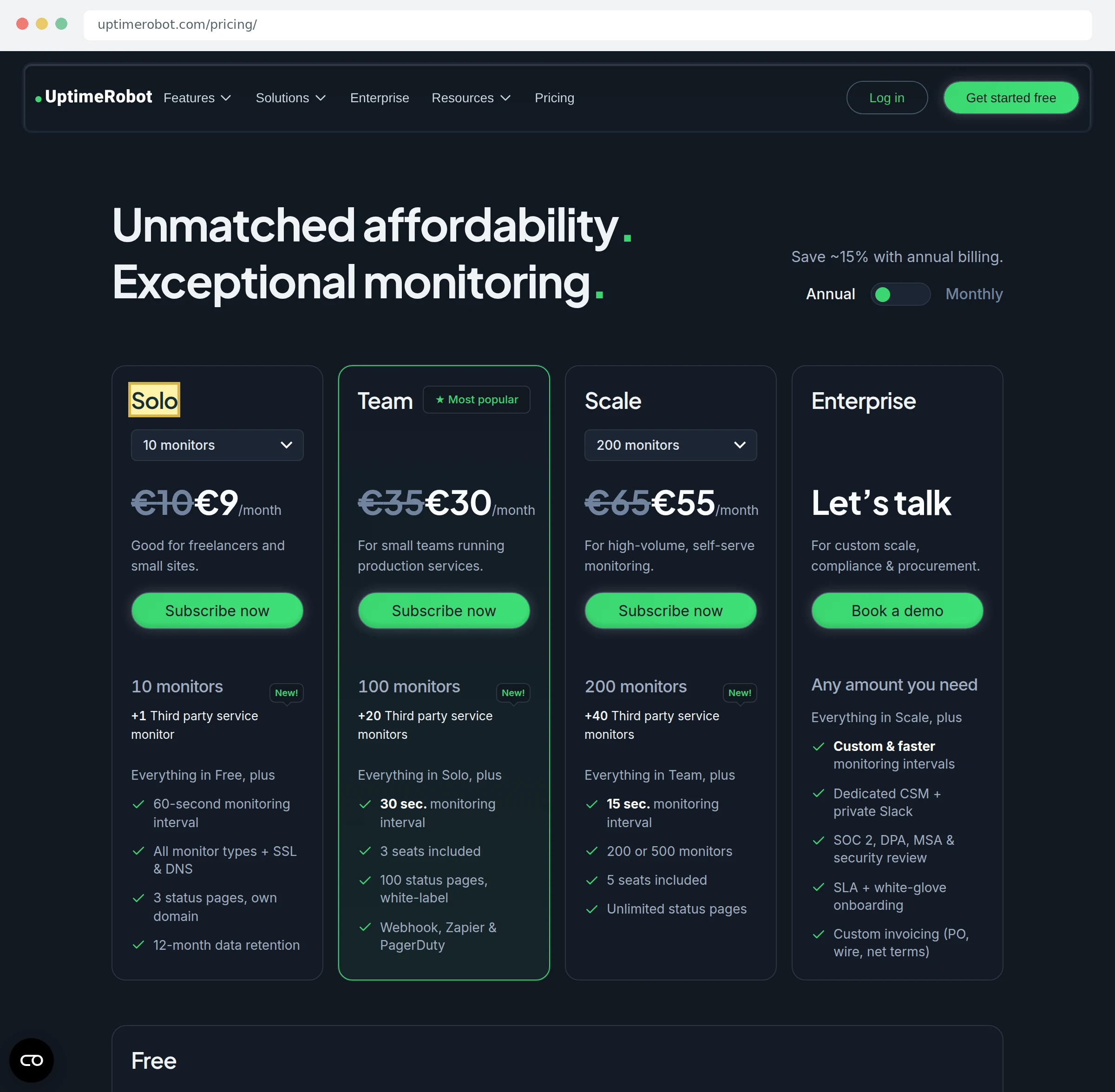 Скриншот UptimeRobot с тарифами в евро и переключателем периода оплаты