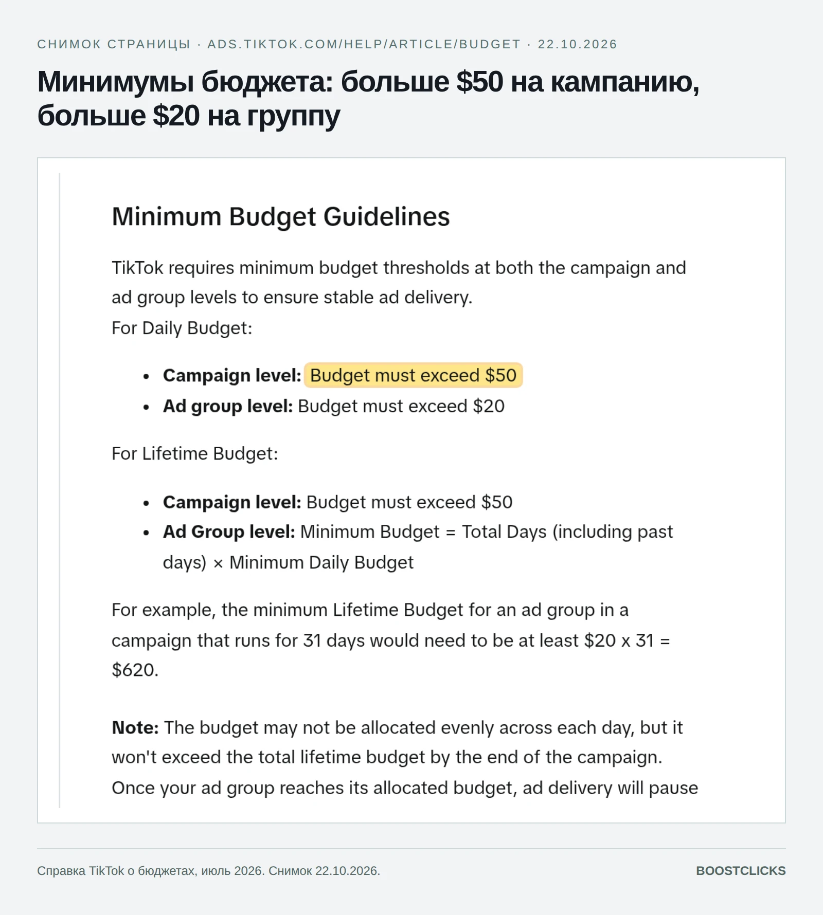 Справка TikTok: дневной бюджет кампании больше $50, группы объявлений больше $20, пример $620 за 31 день