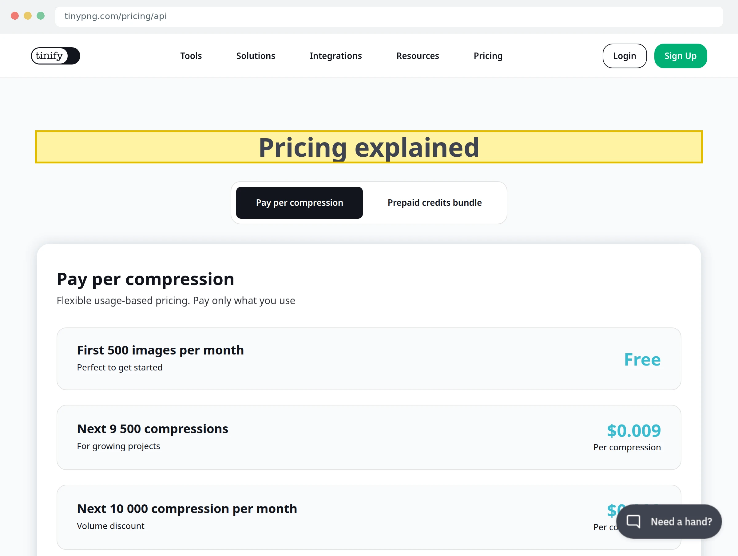 Скриншот Tinify API с бесплатными 500 операциями и платными ступенями