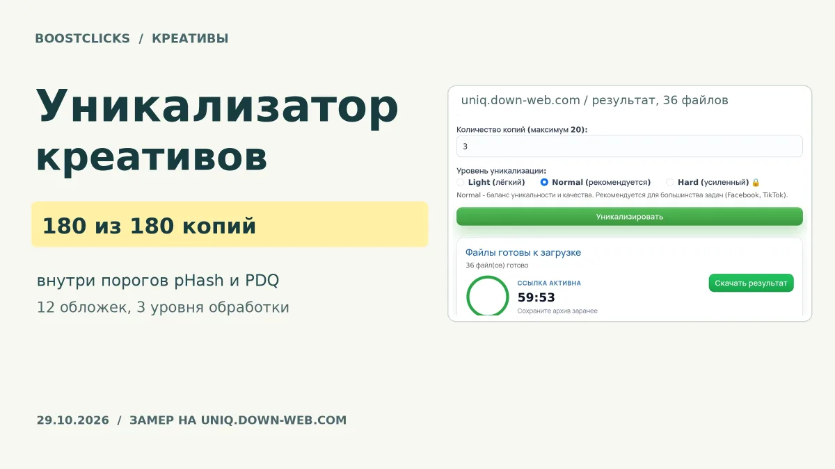 Уникализатор креативов: тест 180 копий, хеши и границы обработки