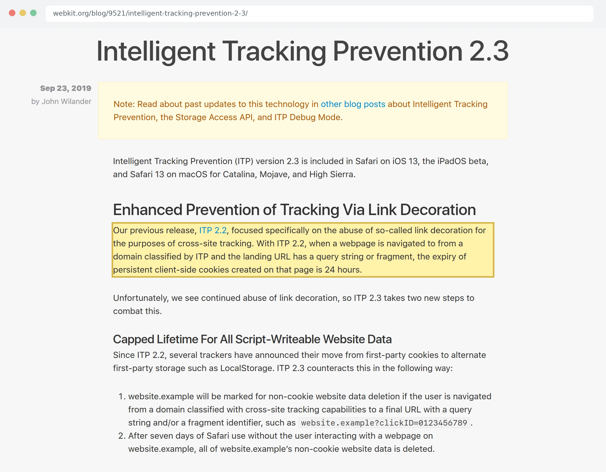 Скриншот поста WebKit об Intelligent Tracking Prevention 2.3: cookie со страницы с параметрами в адресе живут 24 часа